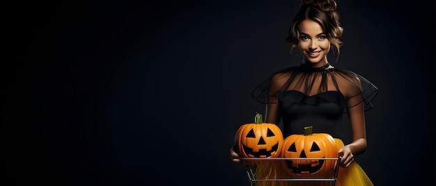 foto mujer disfraz de fiesta de halloween con calabazas en la cesta de la compra pancarta de venta del día de Halloween
