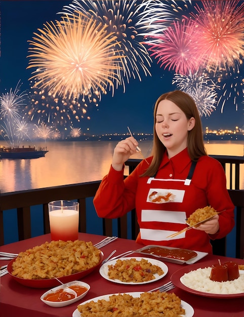 Foto de una mujer disfrutando de una comida festiva con fuegos artificiales como telón de fondo