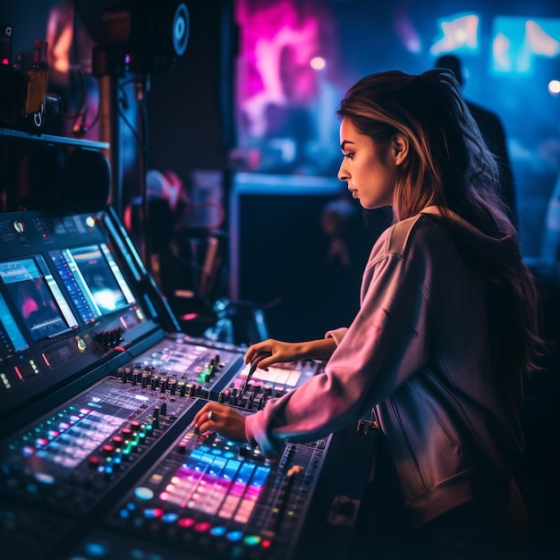 Una foto de una mujer DJ mezclando y tomando una foto del panel de control