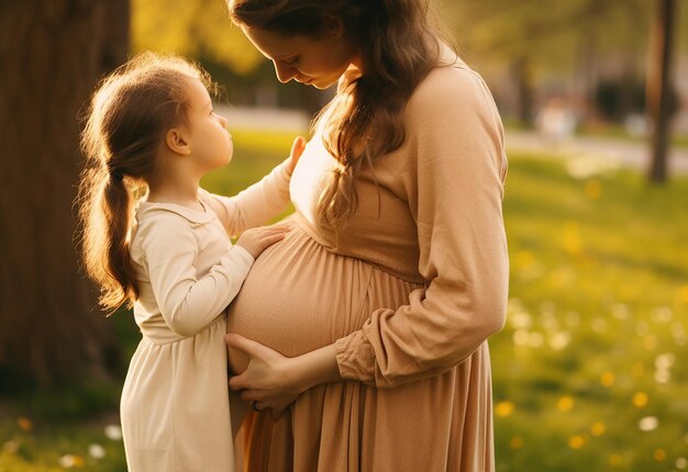 Foto foto de una mujer embarazada y su hija besando su vientre