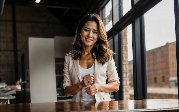 Foto de una mujer empresaria que trabaja en una fábrica con IA generativa de máquinas y trabajadores