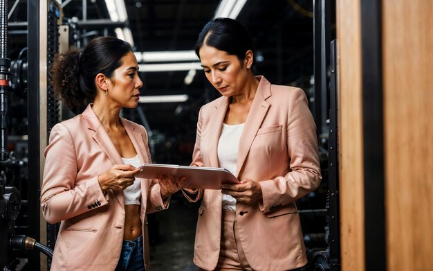 Foto de una mujer empresaria que trabaja en una fábrica con IA generativa de máquinas y trabajadores