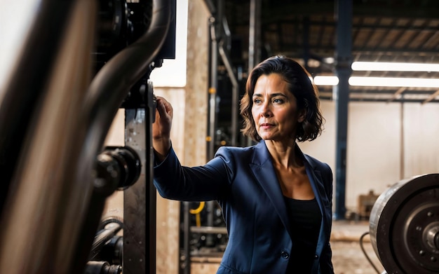 Foto de una mujer empresaria que trabaja en una fábrica con IA generativa de máquinas y trabajadores