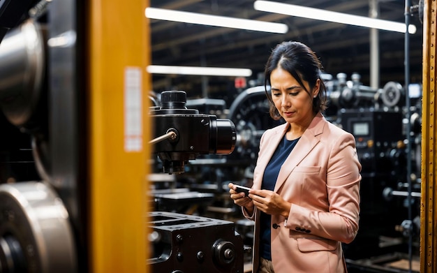 Foto de una mujer empresaria que trabaja en una fábrica con IA generativa de máquinas y trabajadores
