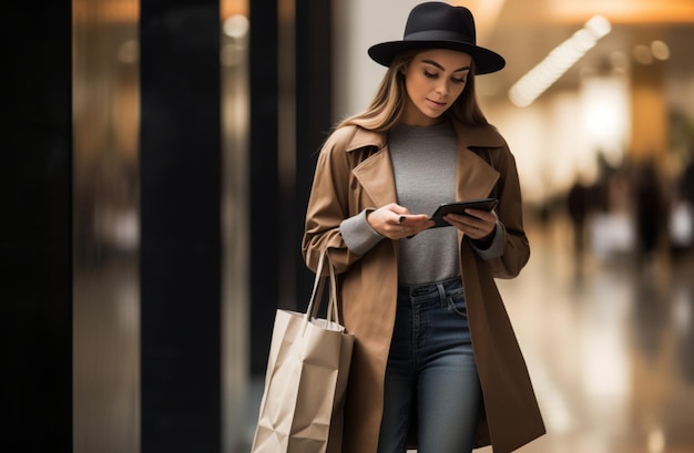 foto Mujer enviando mensaje de texto frente al centro comercial