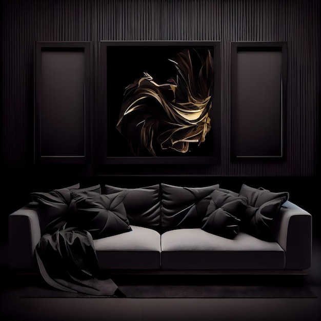 Una foto de una mujer está colgada en una pared sobre un sofá.