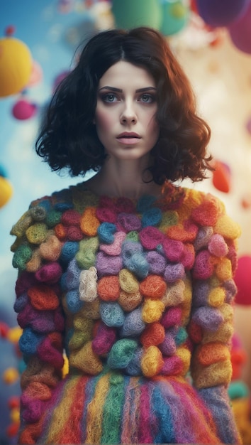 Foto de una mujer de fantasía con una chaqueta de punto a mano de colores