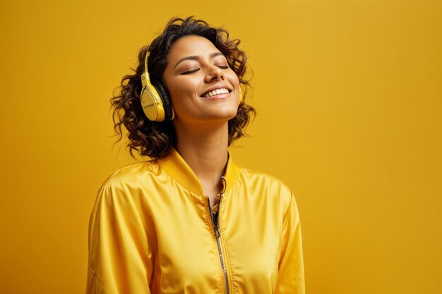 foto mujer feliz escuchando música con los ojos cerrados