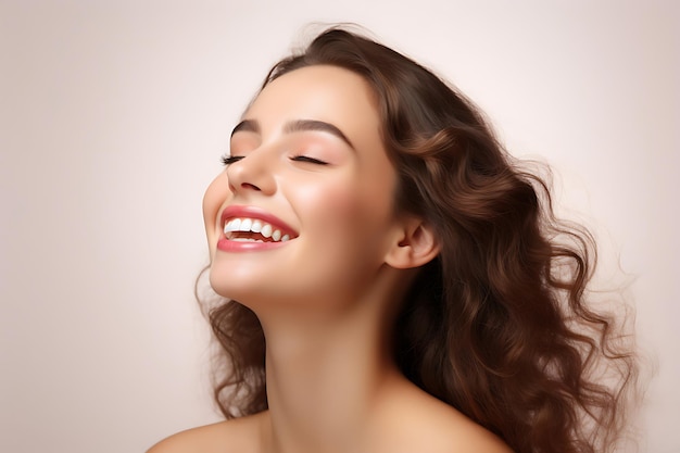 Foto de una mujer feliz en un fondo blanco de estudio