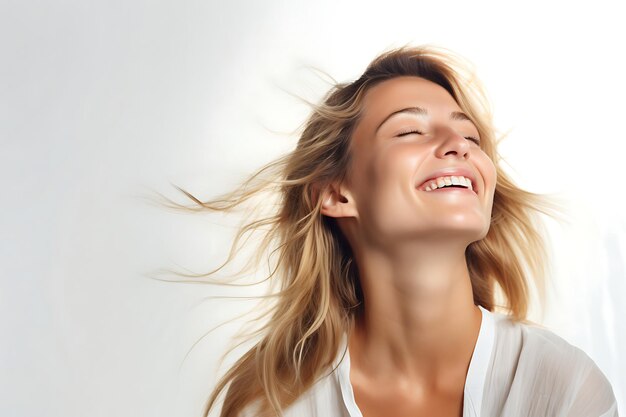 Foto de una mujer feliz en un fondo blanco de estudio