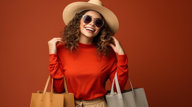 Foto de una mujer feliz con gafas de sol de pie con bolsas de compras coloridas en las manos generadas por la IA