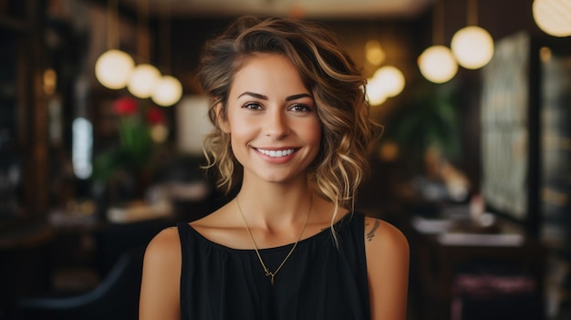 Foto de mujer feliz parada en la puerta de su cafetería generada por IA