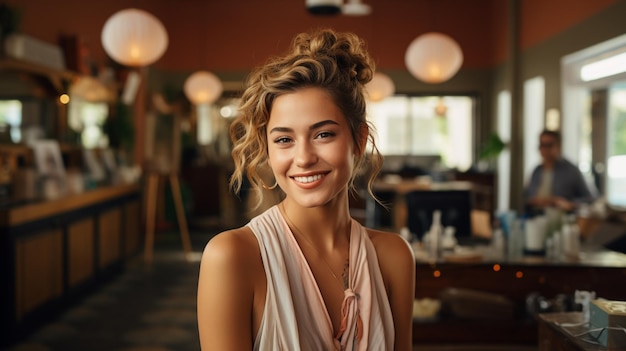 Foto de mujer feliz parada en la puerta de su cafetería generada por IA