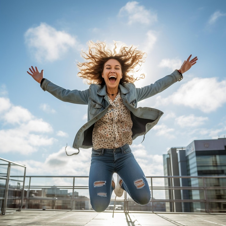 Foto foto de una mujer feliz saltando salto de felicidad