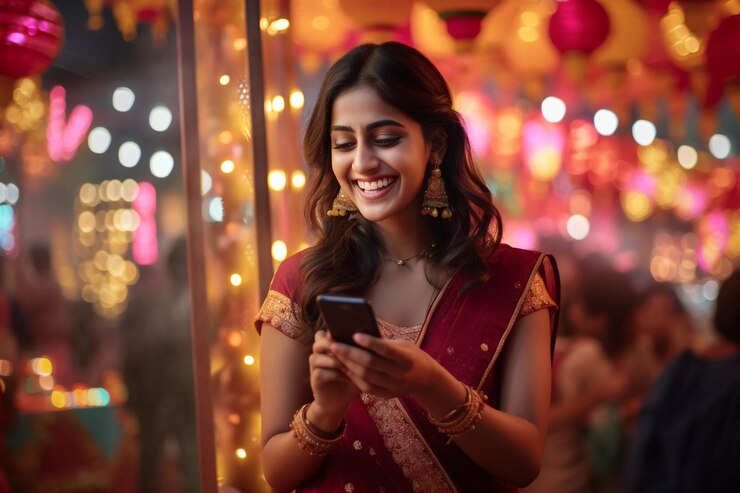Una foto de una mujer feliz con un vestido tradicional indio usando su teléfono durante el festival de Diwali