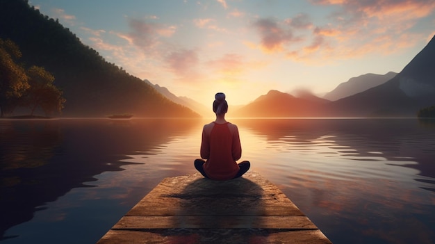 Foto de una mujer haciendo meditación al lado del lago.