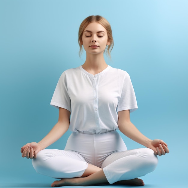 foto de una mujer haciendo yoga y meditación frente a una pared de color azul