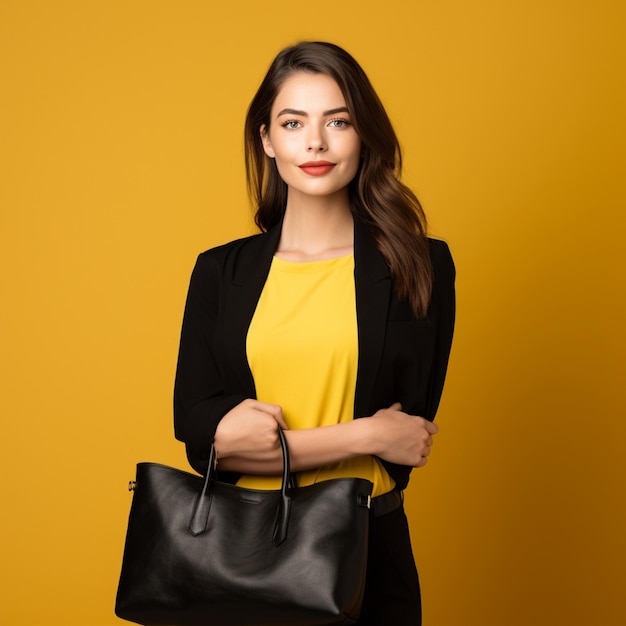 foto de una mujer hermosa con una bolsa negra de fondo amarillo