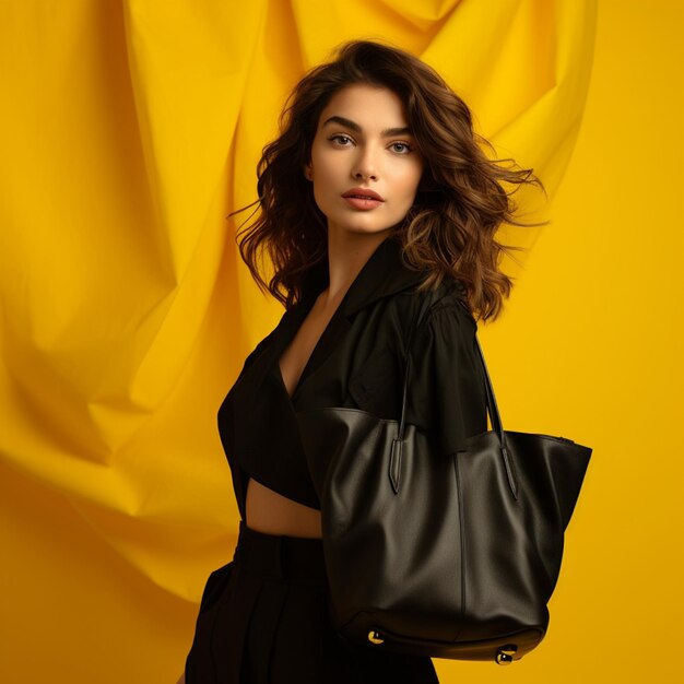 foto de una mujer hermosa con una bolsa negra de fondo amarillo