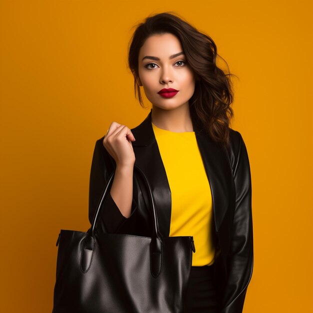 foto de una mujer hermosa con una bolsa negra de fondo amarillo