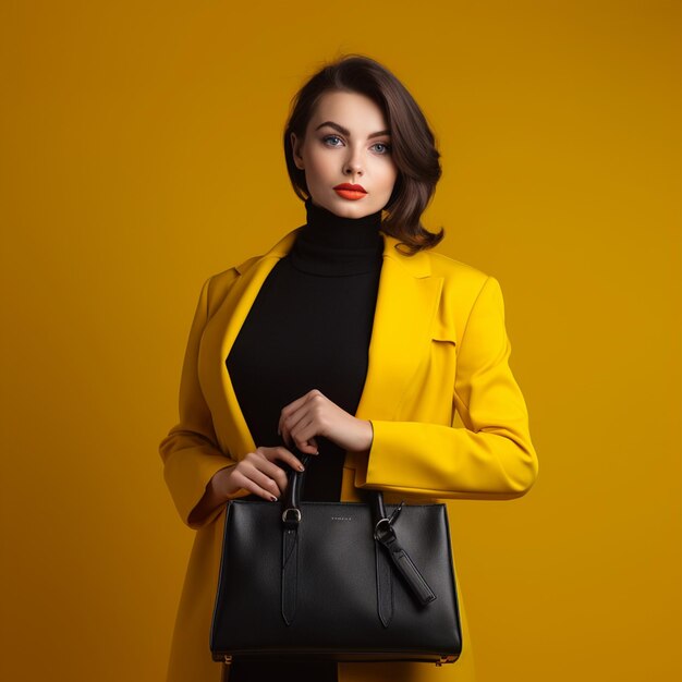 foto de una mujer hermosa con una bolsa negra de fondo amarillo