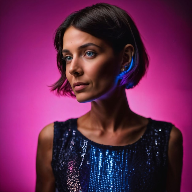 Foto foto de mujer hermosa con cabello corto y luz de neón rosa mixta ai generativa