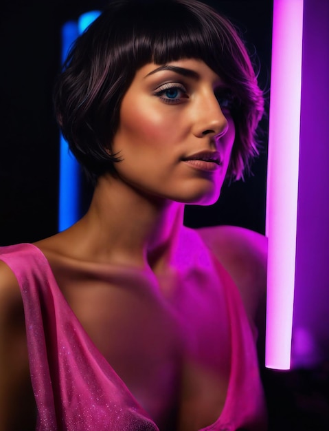 foto de mujer hermosa con cabello corto y luz de neón rosa mixta AI generativa