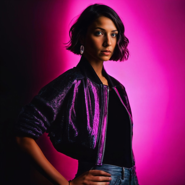 foto de mujer hermosa con cabello corto y luz de neón rosa mixta AI generativa