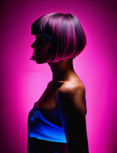 foto de mujer hermosa con cabello corto y luz de neón rosa mixta AI generativa