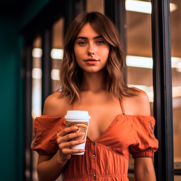 Foto de una mujer hermosa con cabello largo sosteniendo una taza de café para llevar con un fondo blanco