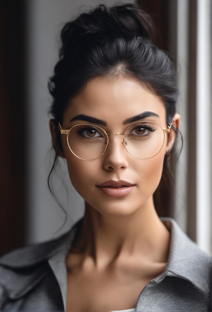 Una foto de una mujer hermosa con cabello negro usando anteojos