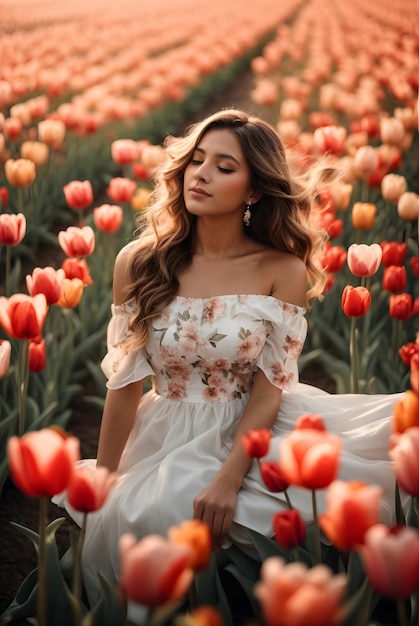 foto de una mujer hermosa en el campo de tulipanes