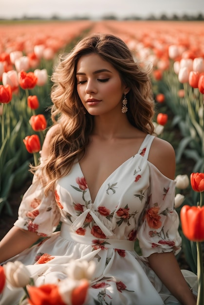 foto de una mujer hermosa en el campo de tulipanes