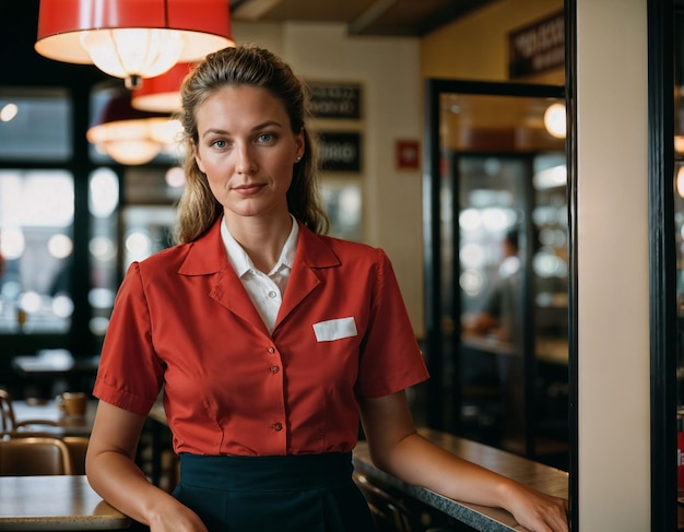 Foto foto de una mujer hermosa como camarera de pie en un restaurante retro generativo de ia