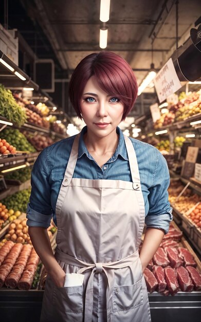 Foto de mujer hermosa como tendera en el mercado IA generativa