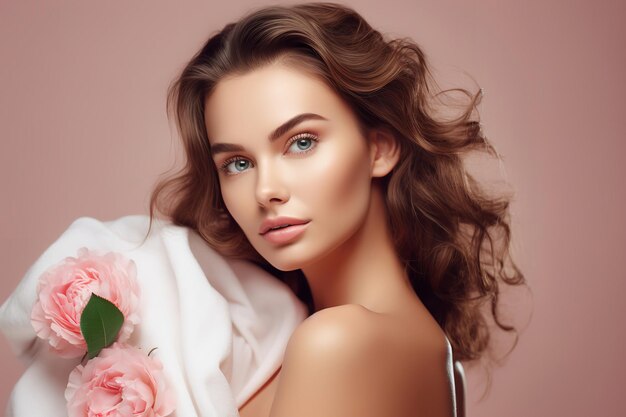 Foto de una mujer hermosa y natural en el fondo del estudio