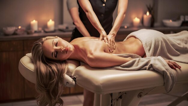 La foto de una mujer hermosa en el salón de masajes