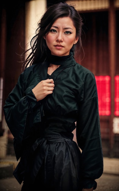 Foto de mujer hermosa en traje de ninja negro asesino asesino IA generativa