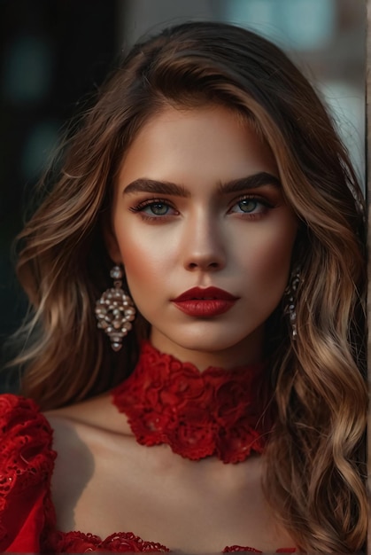 foto de una mujer hermosa en un traje rojo romántico