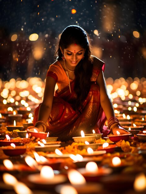 Foto foto de una mujer india lista para celebrar el festival de diwali o deepavali con lámparas de aceite