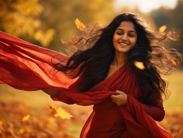 Foto de una mujer india con pose dinámica emocional sobre fondo de otoño