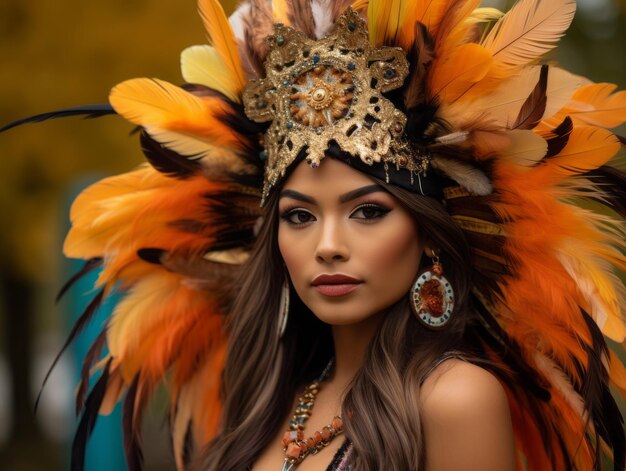 Foto de una mujer india con pose dinámica emocional sobre fondo de otoño