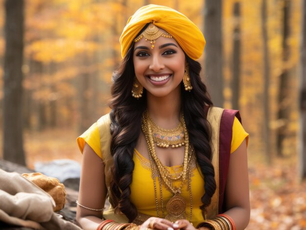 Foto de una mujer india con pose dinámica emocional sobre fondo de otoño