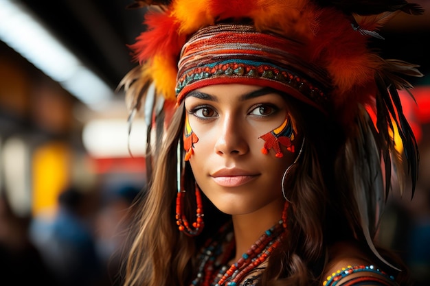 foto de una mujer india vistiendo trajes y pinturas indígenas