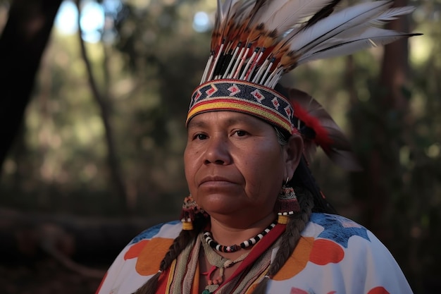 Foto foto de una mujer indígena vestida con un traje tradicional y un tocado.