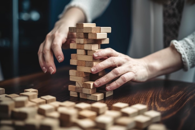 Foto de una mujer irreconocible apilando bloques de jenga creados con inteligencia artificial generativa