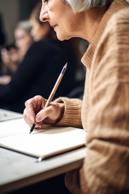 Foto de una mujer irreconocible dibujando en un cuaderno en una clase de arte creada con inteligencia artificial generativa