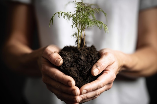 Foto de una mujer irreconocible sosteniendo una planta que crece en el suelo creado con IA generativa