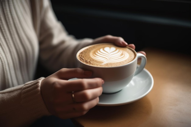 Una foto de una mujer irreconocible sosteniendo una taza de café con leche en un café