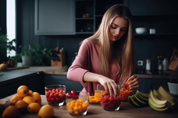 Foto de una mujer joven en casa haciendo batidos de frutas creados con IA generativa